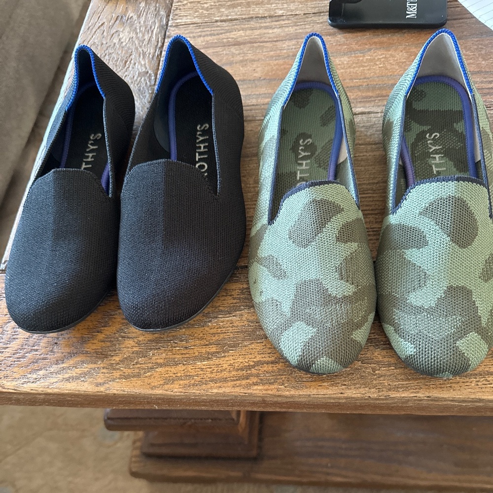 Rothy’s black loafer 8 1/2 and Camo loafer 8